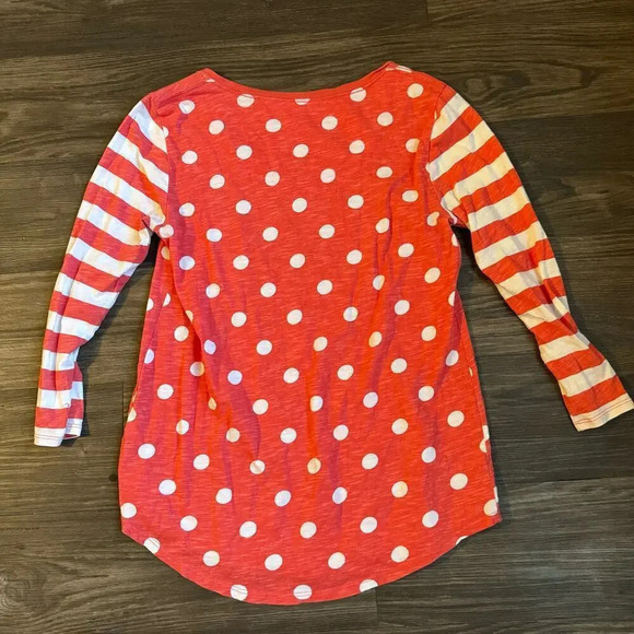 Garnet Hill Womens Polka-dot Pocket T-Shirt Size Small Orange Long Sleeve Cotton - Picture 2 of 8
